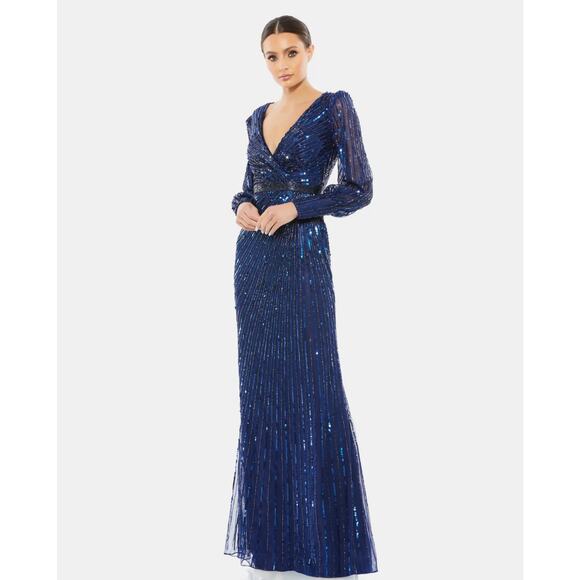 Mac Duggal 5501 Midnight Sequined Wrap Over Bishop Sleeve Gown Size 10 NWT